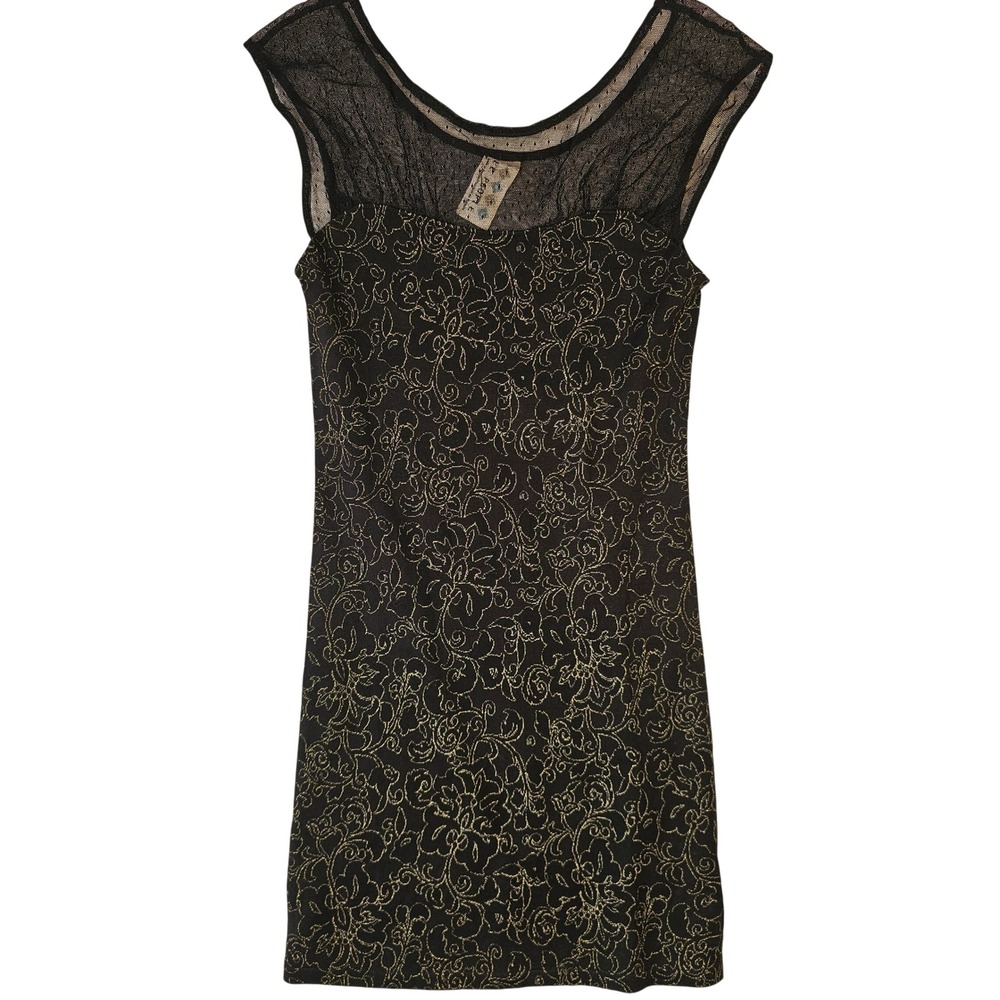 Free People Black Gold Metallic Floral Mesh Mini Dress 405Z534 Small NWT